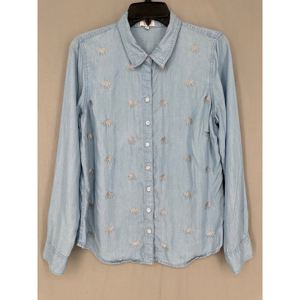 Crown Ivy Top Womens Medium Blue Chambray Elephant Print Button Casual Boho - Picture 6 of 8